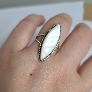 Vintage Teme Marquis Mother of Pearl Sterling Silver Navajo Long Statement Ring